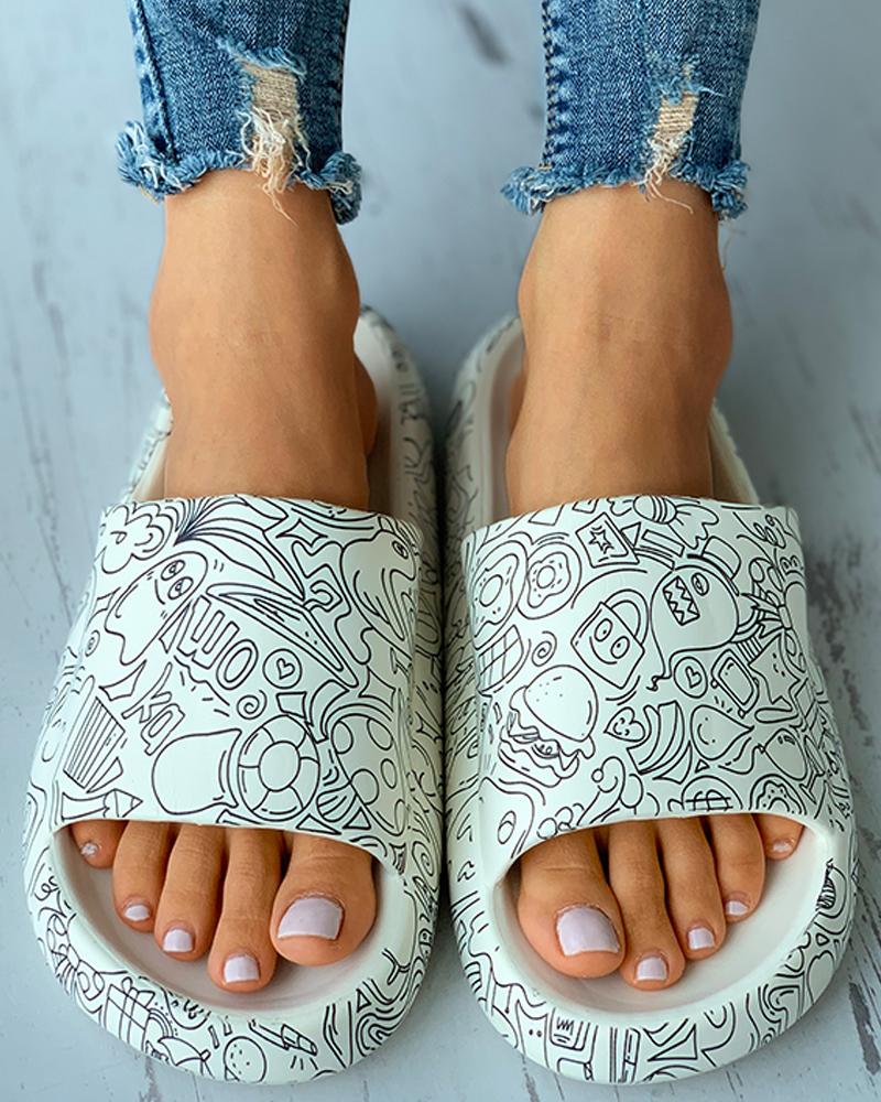 

Open Toe Graphic Print Platform Flat Sandals, White