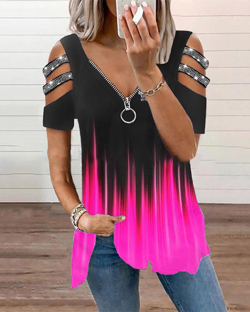 

Zipper Design Colorblock Cutout Rhinestone Top, Pink