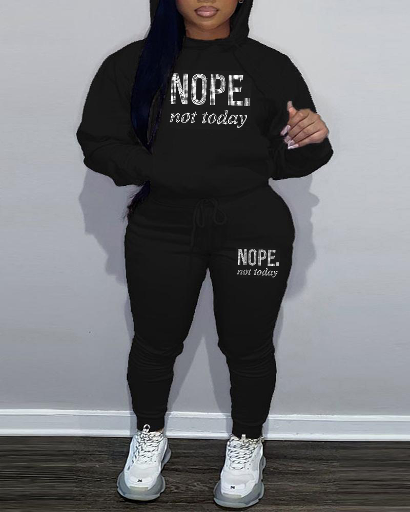 

Plus Size Rhinestone Nope Not Today Pattern Hoodie & Sweatpants Set, Black