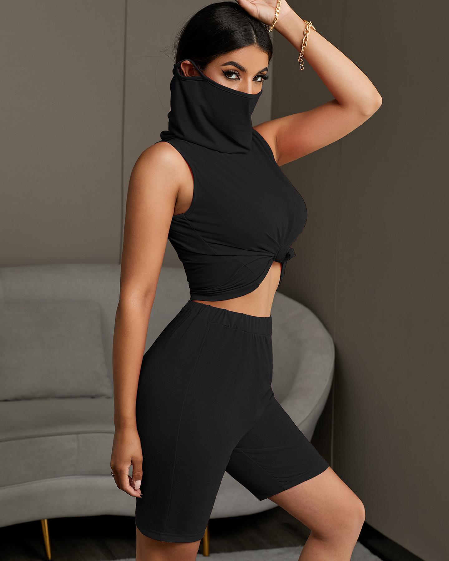 

Solid Sleeveless Casual Top & Shorts Set, Black