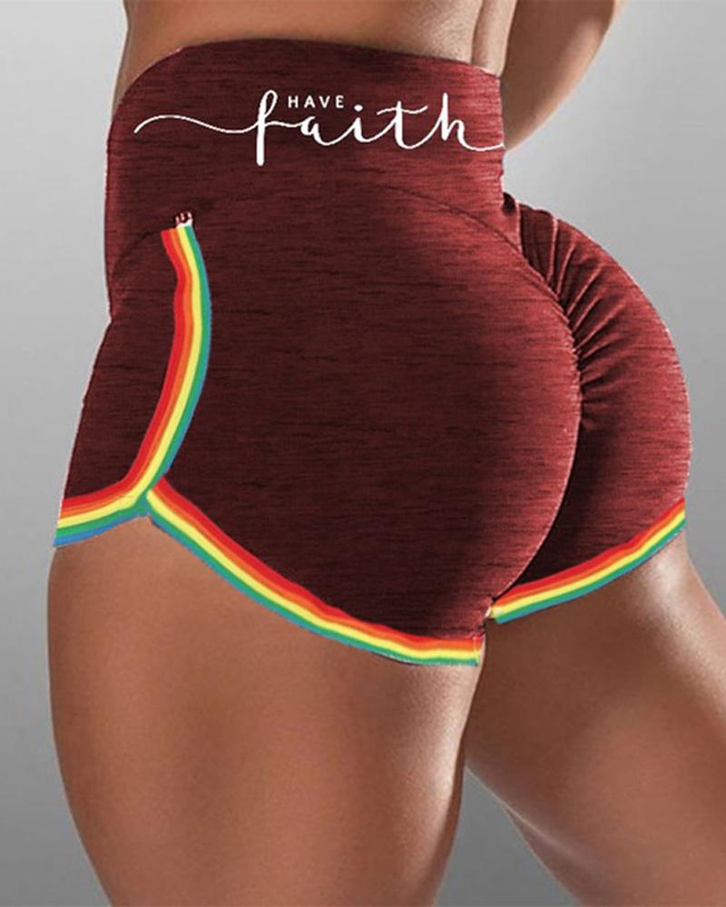 

Letter Print High Waist Tummy Control Scrunch Butt Active Shorts, Wine red