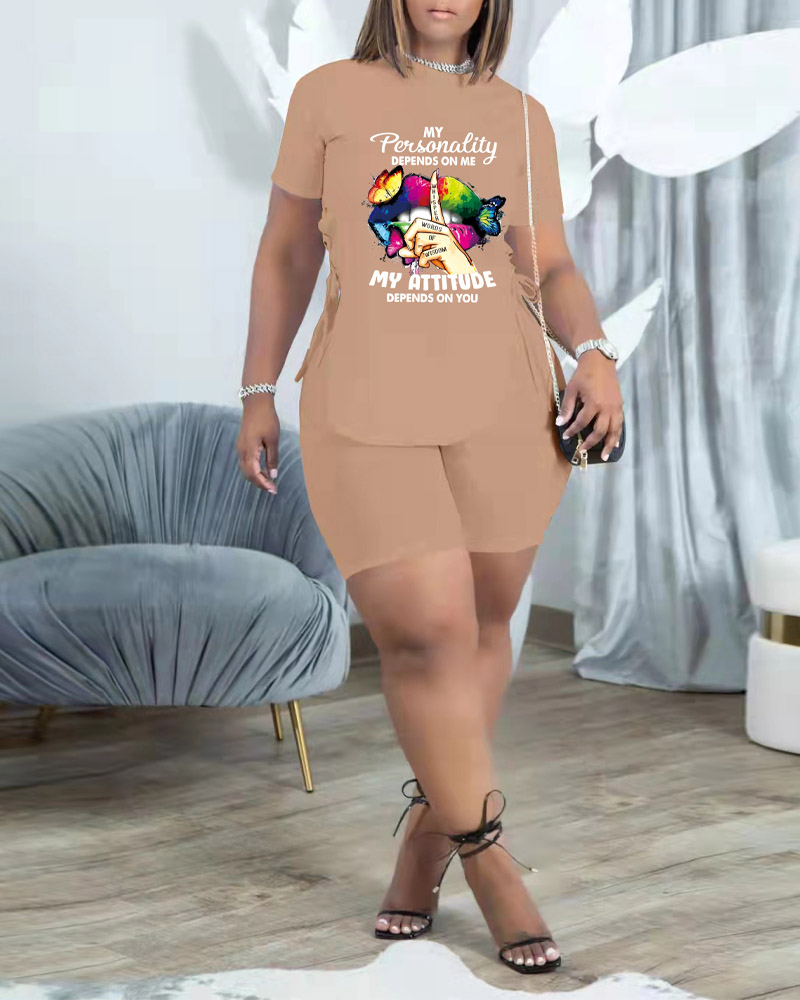 

Slogan Print Eyelet Lace-up Split Hem Top & Shorts Set, Khaki