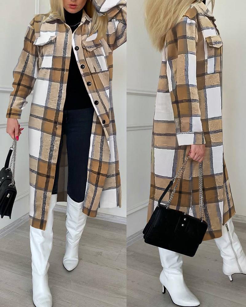 Chaqueta larga con botones y estampado de cuadros