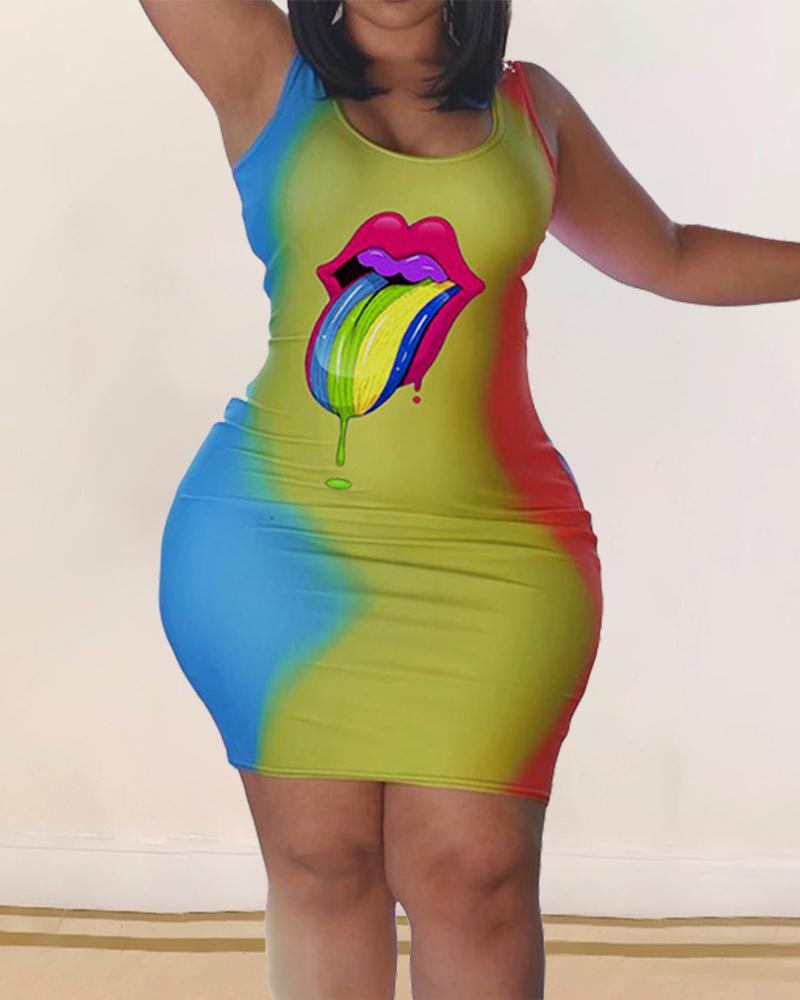 

Lips Print Sleeveless Slim Wrap Bodycon Mini Dress, Style1