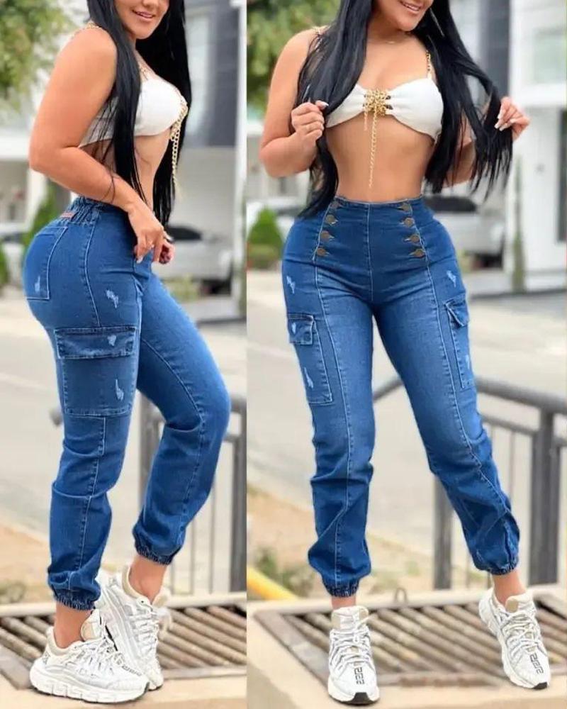 

Button Fly Ripped Cuffed Jeans, Blue