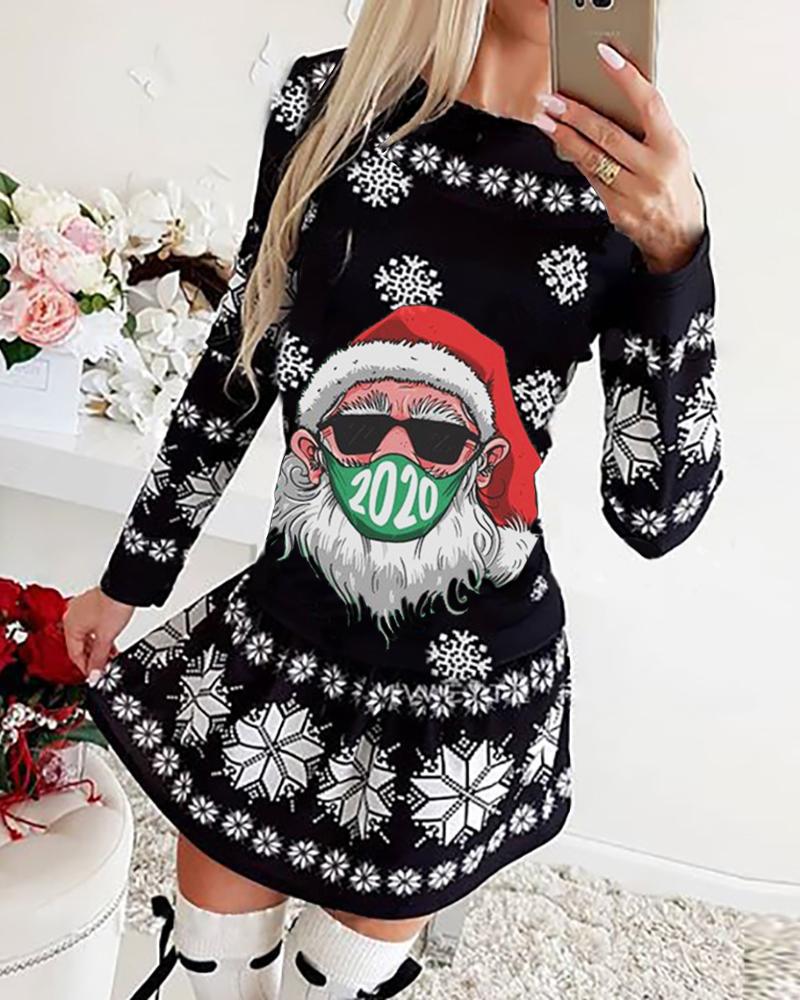 

Christmas Santa Snowflake Print Long Sleeve Dress, Black