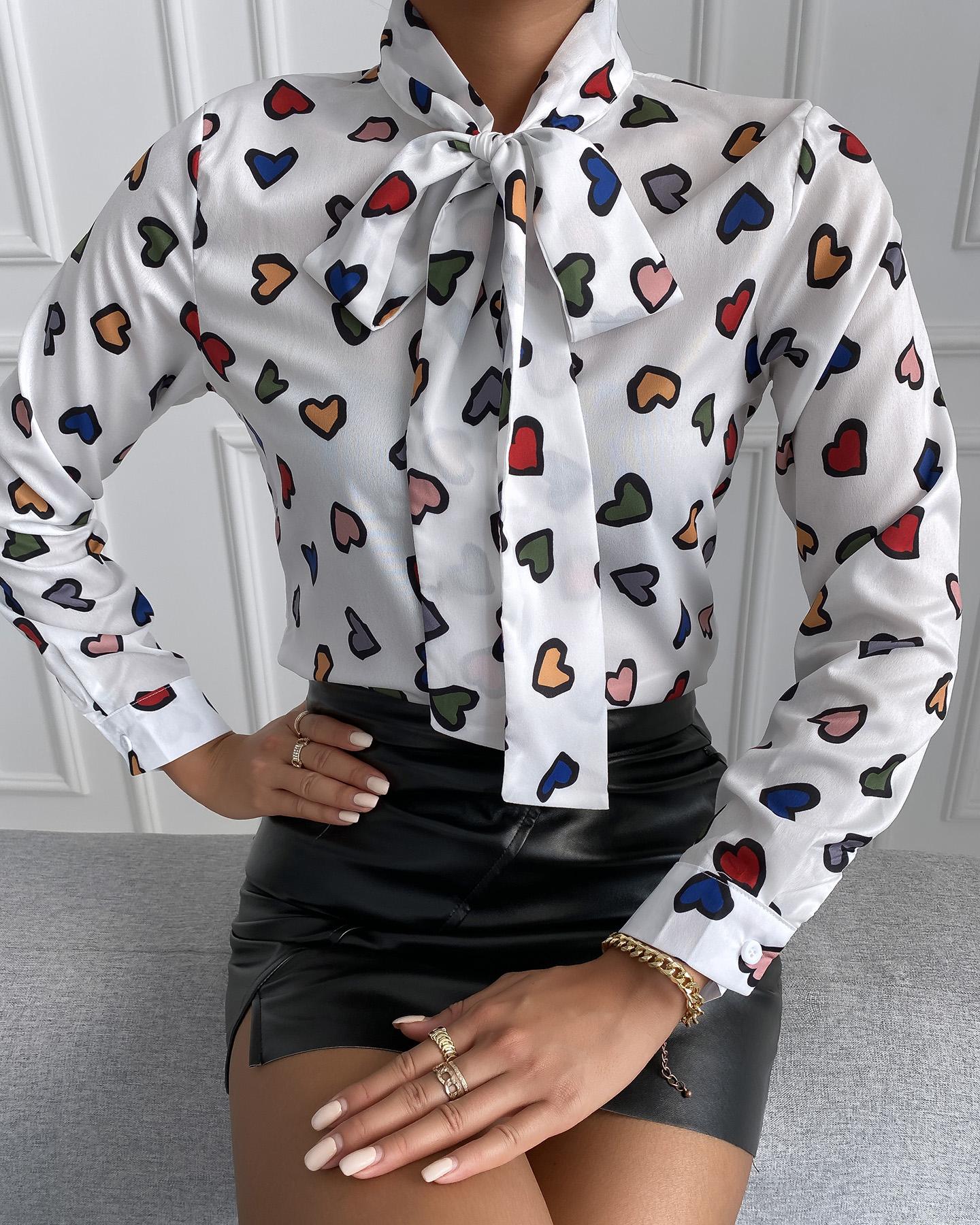 

Heart Print Tie Neck Satin Shirt, White