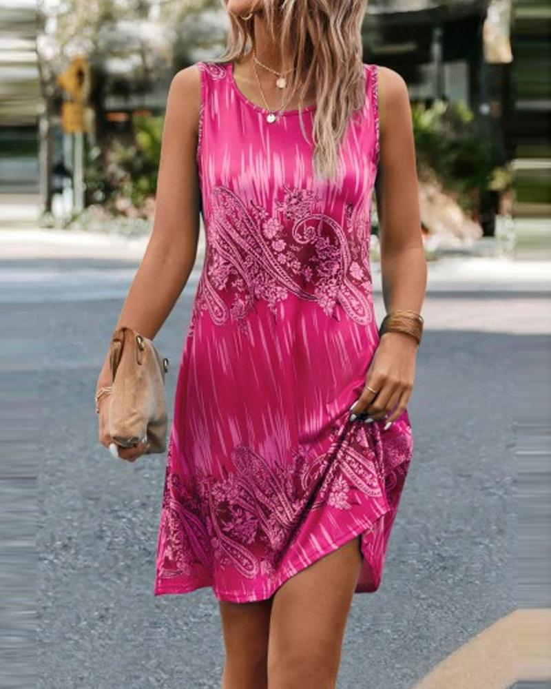 

Ombre Paisley Print Round Neck Casual Dress, Pink