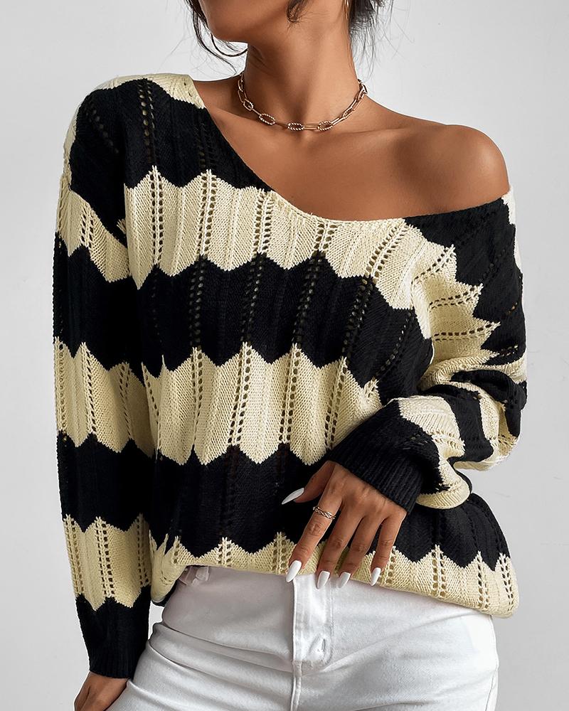 

Colorblock Long Sleeve Hollow Out Knit Sweater, Khaki