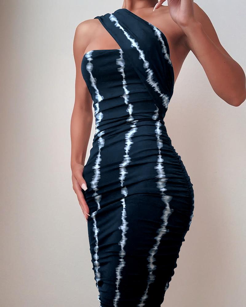 

Tie Dye Print One Shoulder Ruched Bodycon Dress, Purplish blue
