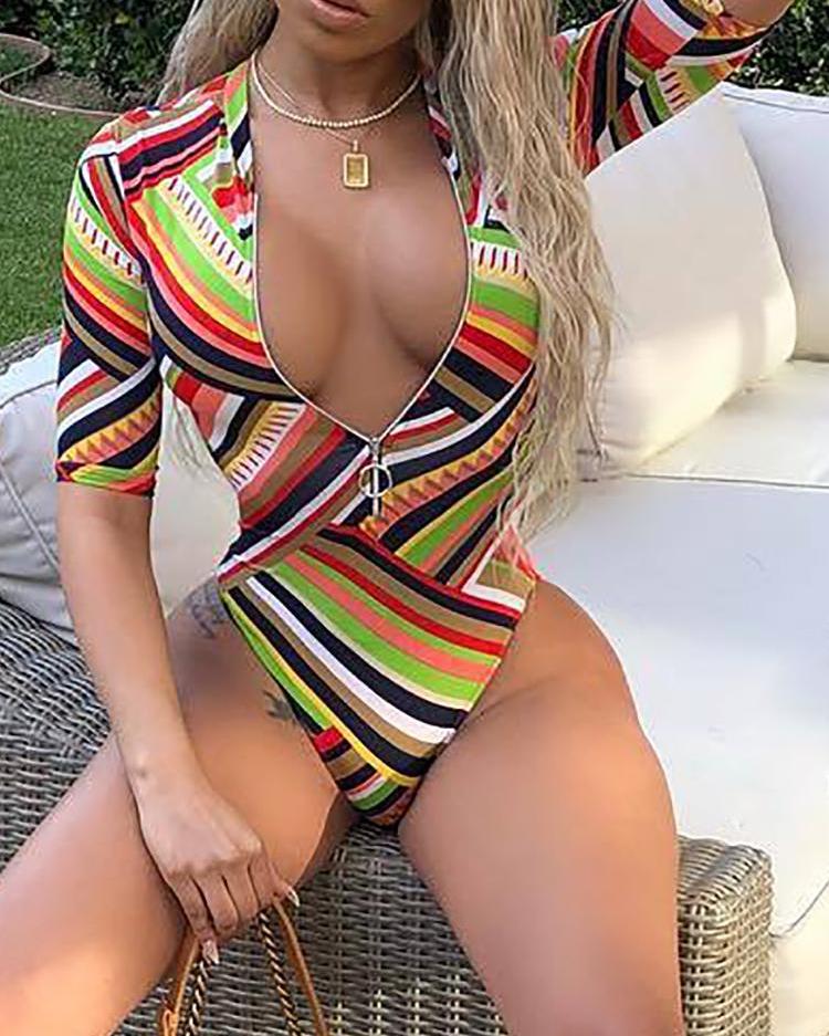 

Striped Zipper Front One Piece Swimsuit, Multicolor