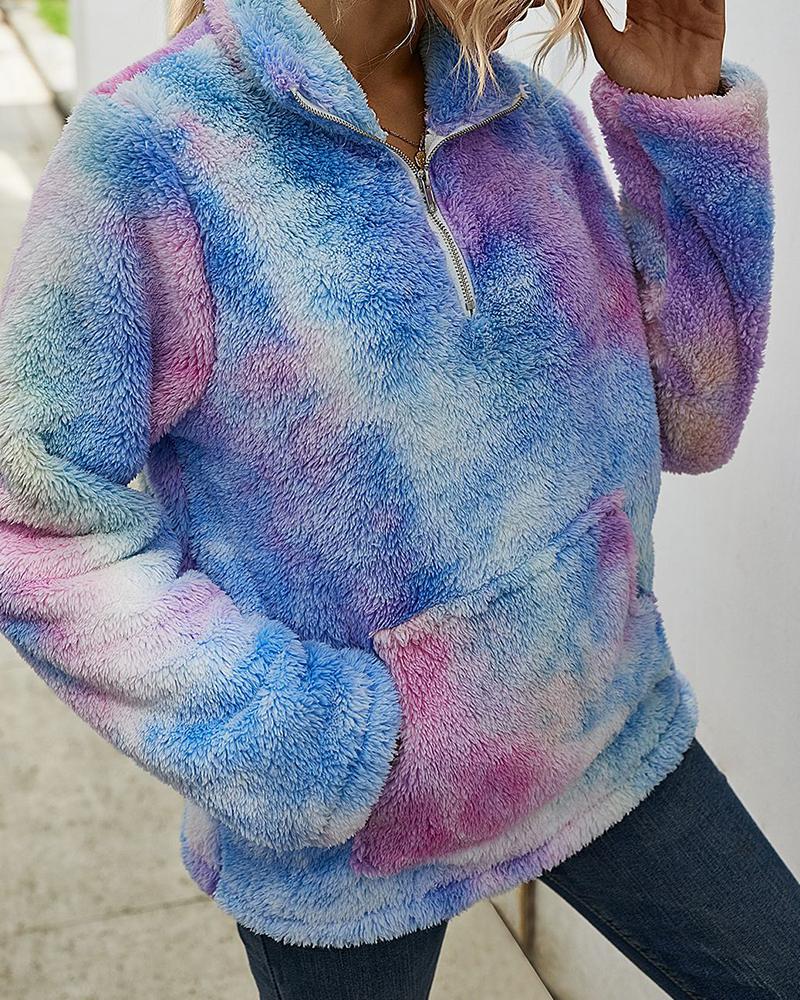 

Tie Dye Print Pocket Design Zip Teddy Sweatshirt, Light blue