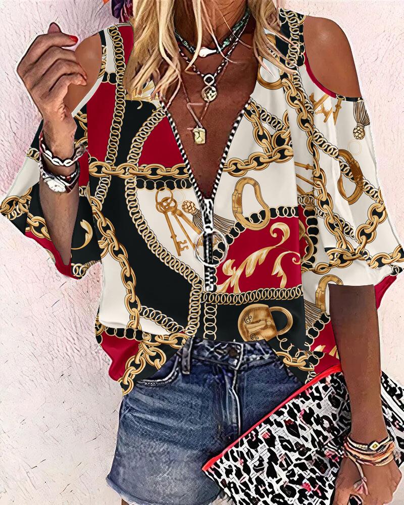 

Scarf Chain Print Zip Front Cold Shoulder Top, Beige