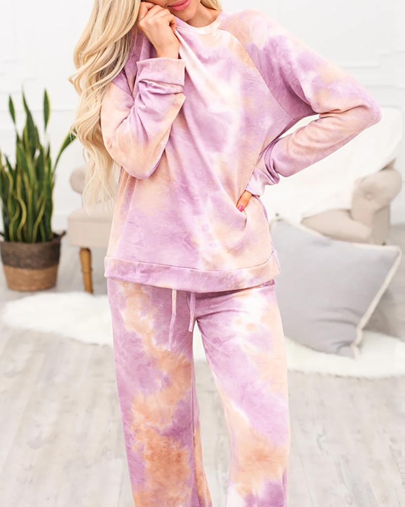 

Tie Dye Print Drawstring Long Sleeve Pajamas Set, Purple