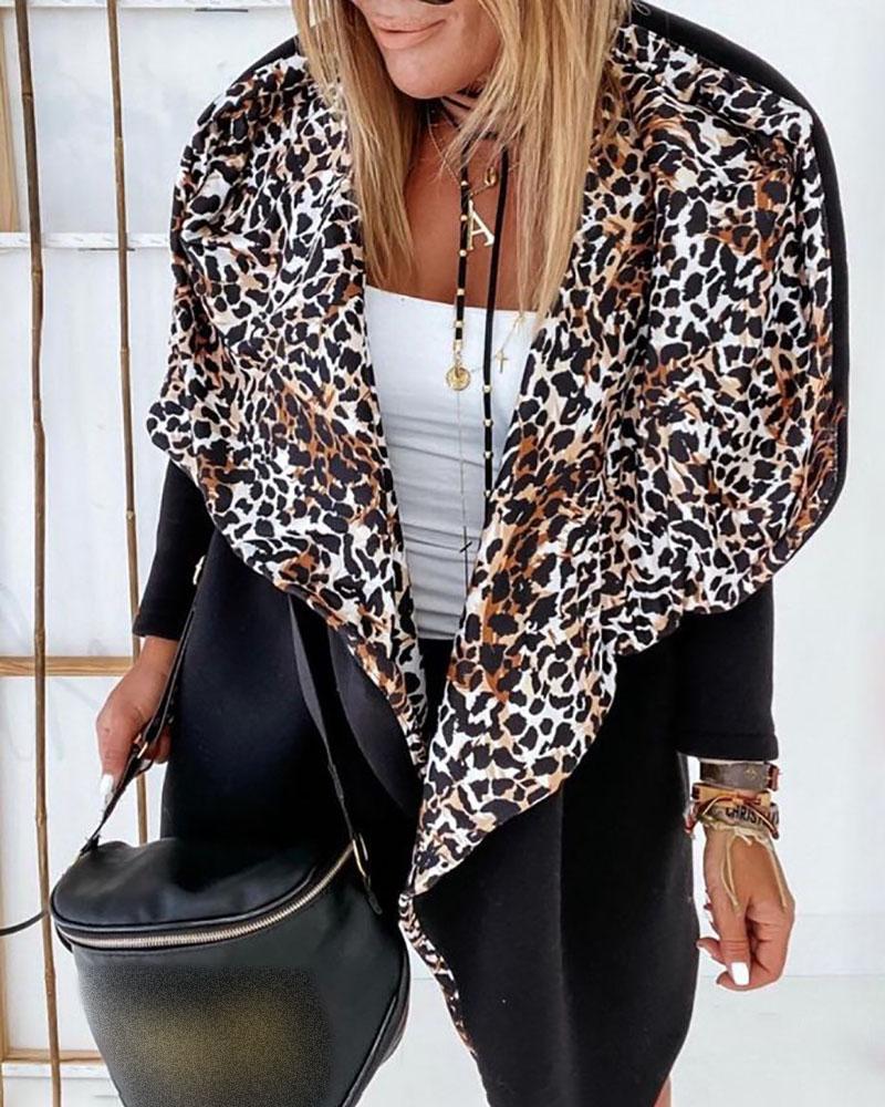 

Cheetah Print Logn Sleeve Hooded Cardigan, Black