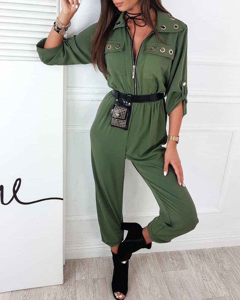 

Eyelet Decor Roll Up Sleeve Zipper Front Jumpsuit, Green