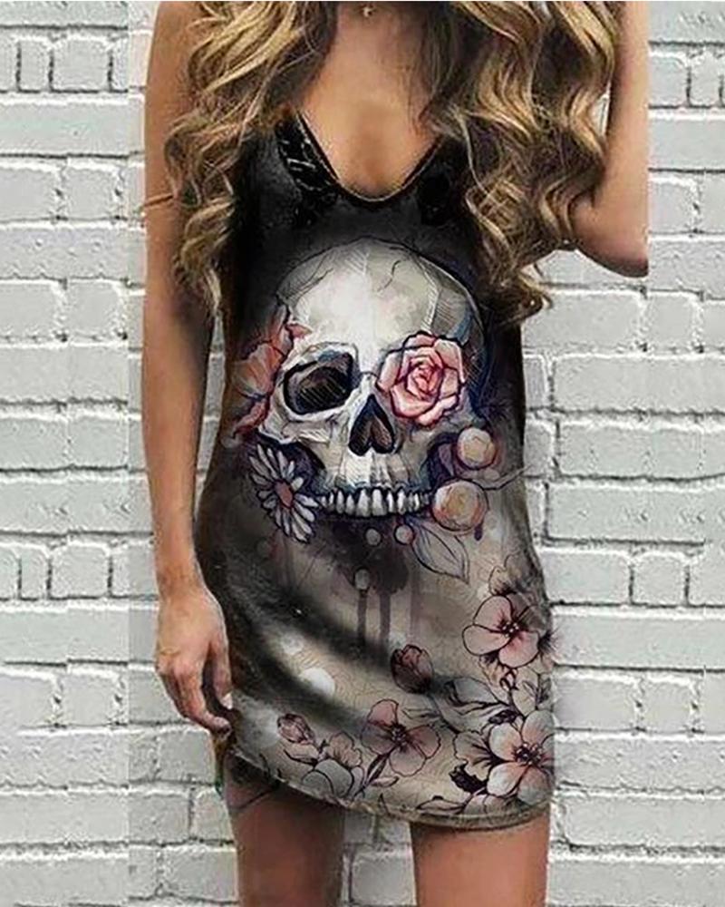 

Skull Floral Print Sleeveless Casual Dress, Black