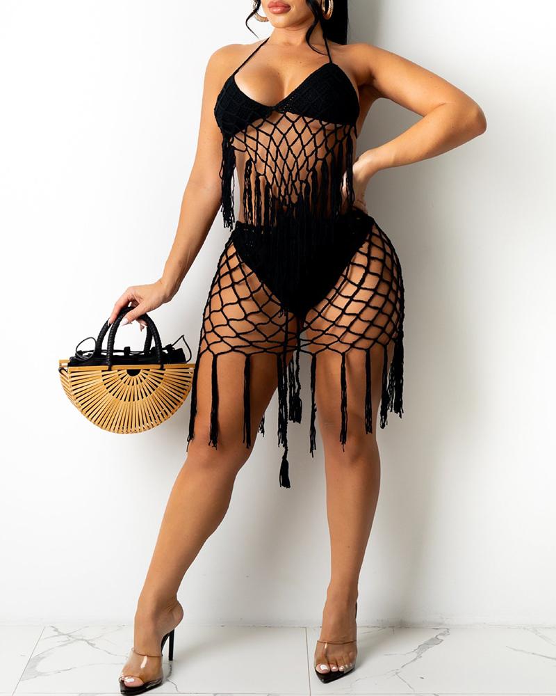 

Knit Tassel Design Sleeveless Bikini Set, Black