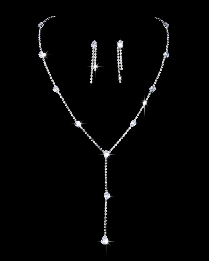 

2PCS Waterdrop Rhinestone Tassel Chain Necklace & Stud Drop Earrings Evening Party Wedding Jewelry Set, White