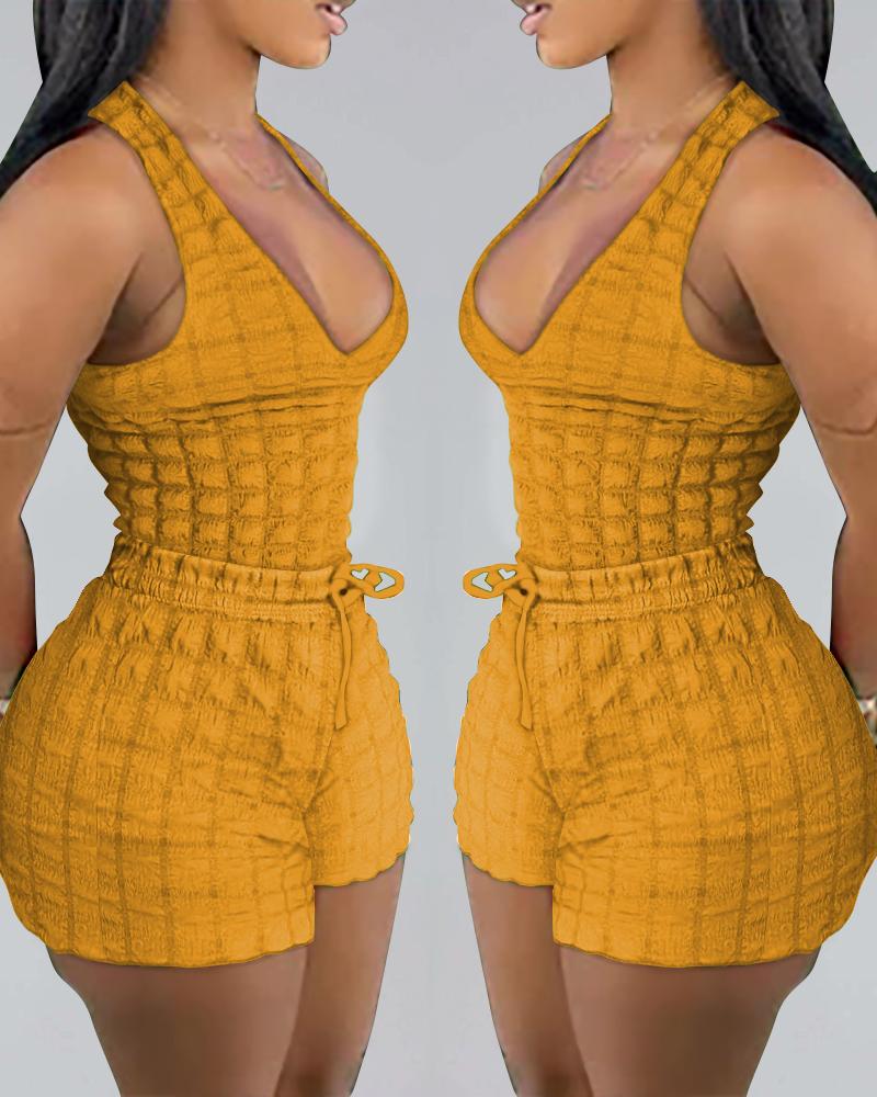 

Textured Casual Tank Top & Drawstring Shorts Set, Yellow