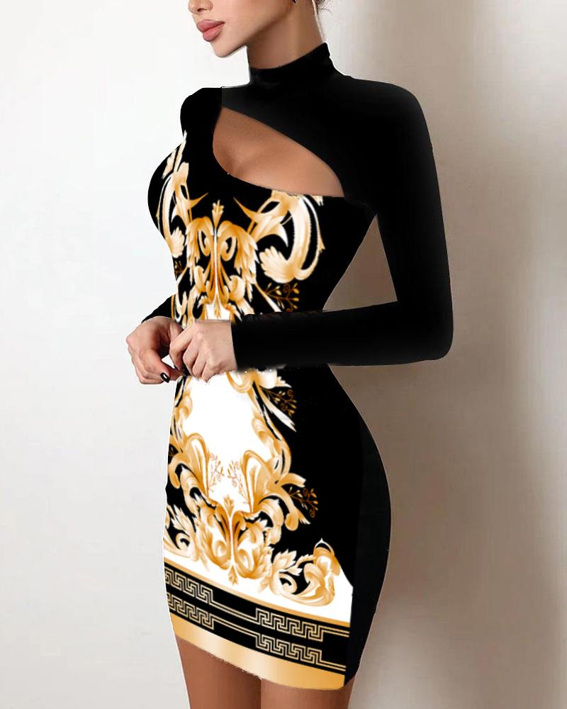 

Baroque Print Cutout Front Long Sleeve Bodycon Dress, Black