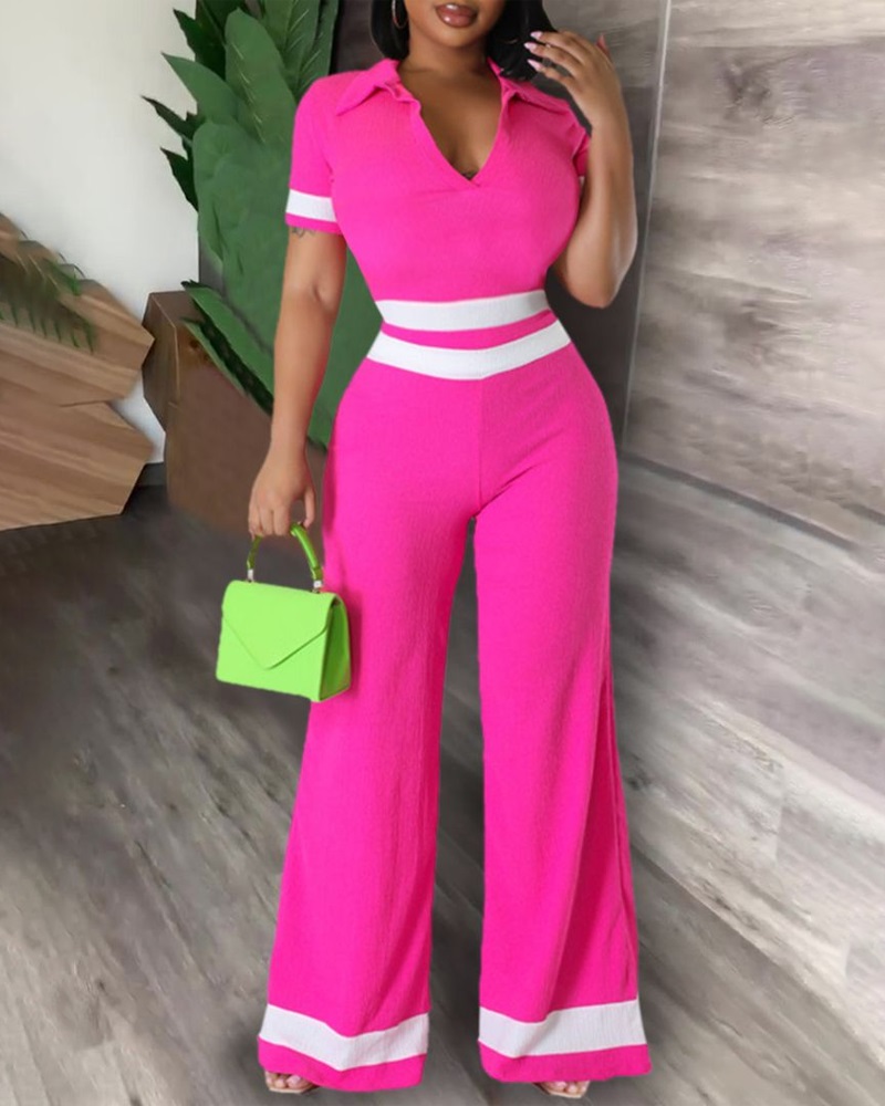 

Striped Top & Wide Leg Pants Set, Hot pink