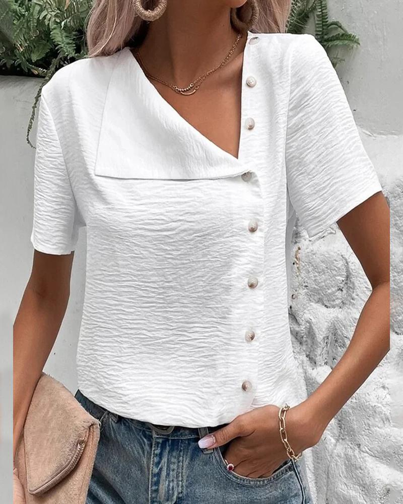 

Asymmetrical Neck Button Front T-shirt, White