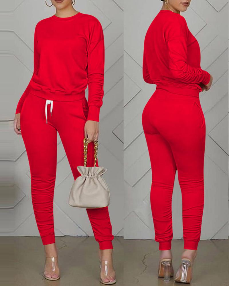 

Long Sleeve Top & Pocket Design Drawstring Pants set, Red