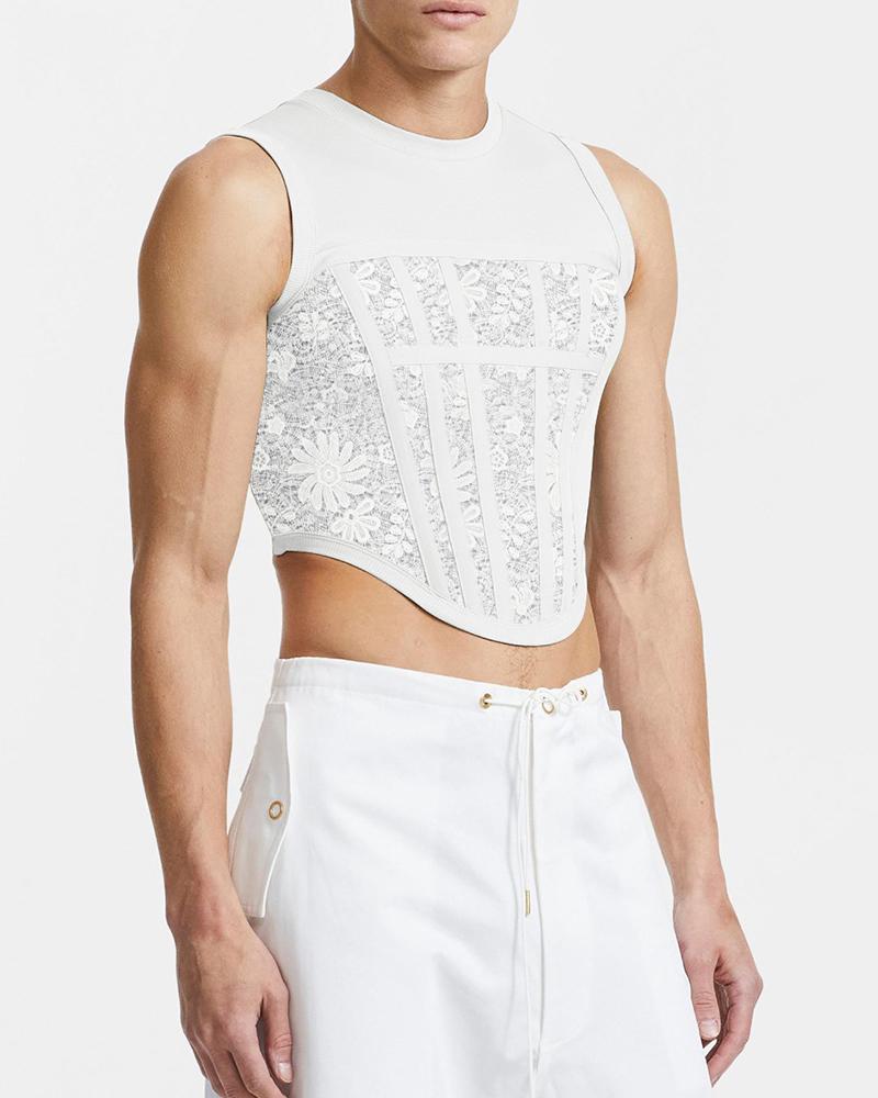 

Solid Color Splicing Mesh Sleeveless Tank Top, White