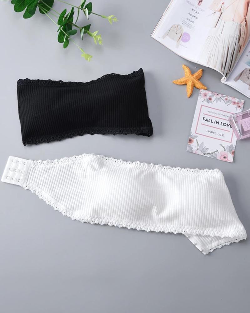 

Vertical Striped Strapless Invisible Chest Lace Trim Tube Top, White