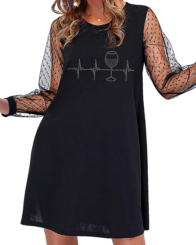 

Valentine' Day Long Sleeve Rhinestone Dot Mesh Dress, Style4