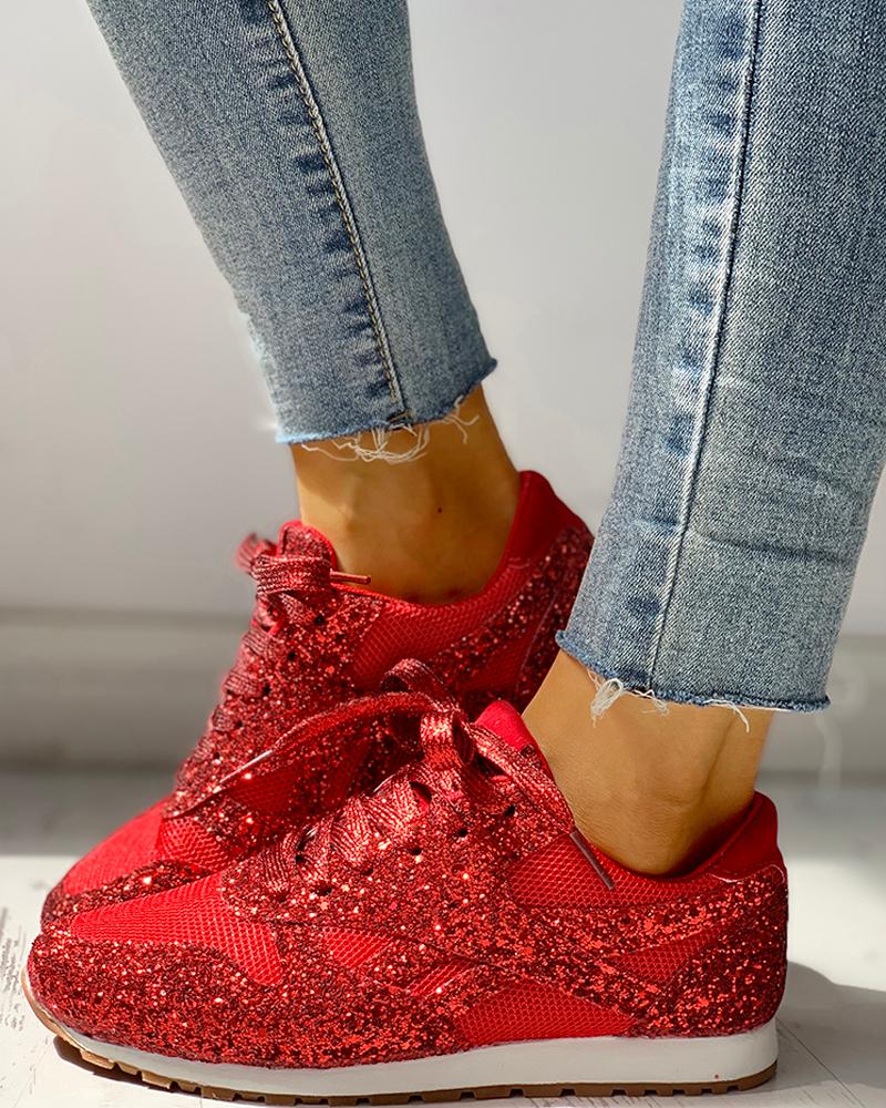 

Solid Sequins Lace-Up Sport Sneakers, Red