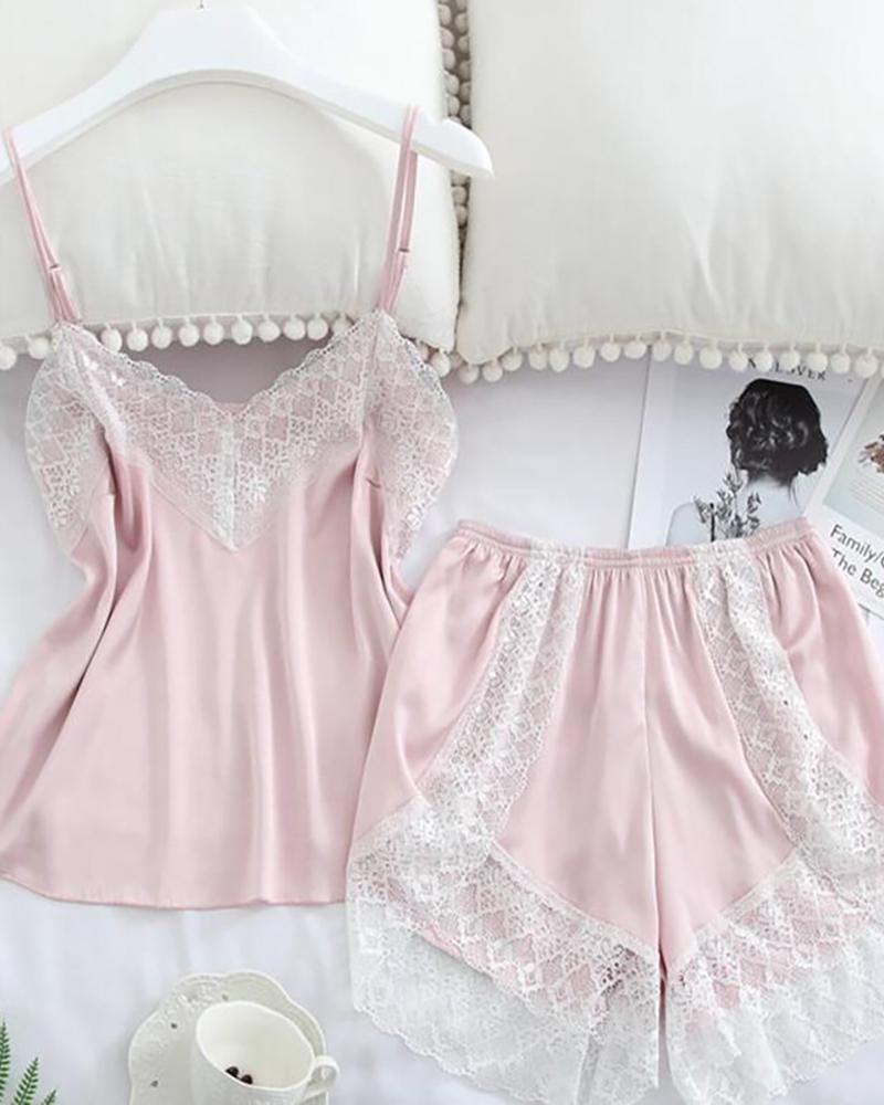 

Satin Crochet Lace Patch V Neck Cami Set, Pink