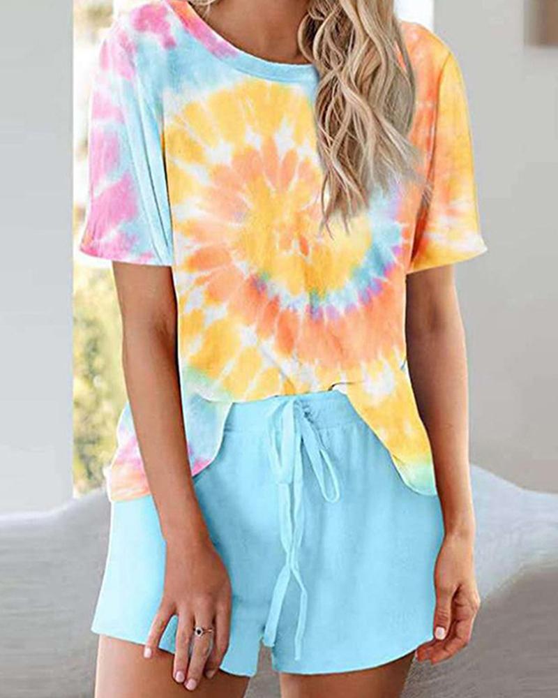 

Multicolor Tie Dye Short Sleeve T-shirt With Short Pants Suit Sets, Yellow