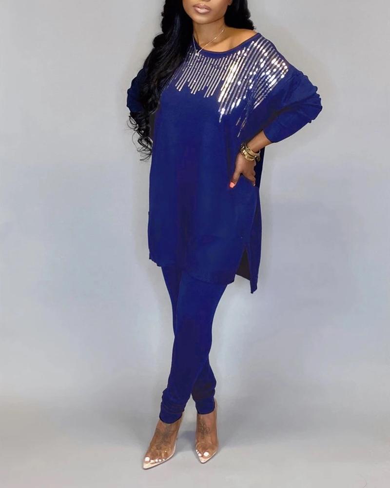 

Solid Color Sequins Long Sleeve Suit Sets, Blue