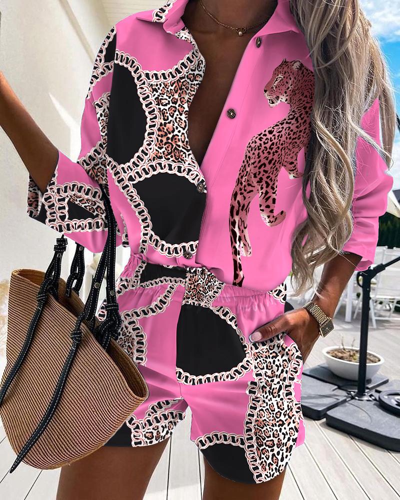 

Chain Leopard Print Button Design Casual Shirt & Shorts Set, Hot pink