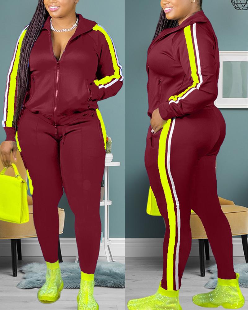

Plus Size Contrast Paneled Zip Up Top & Pants Set, Wine red