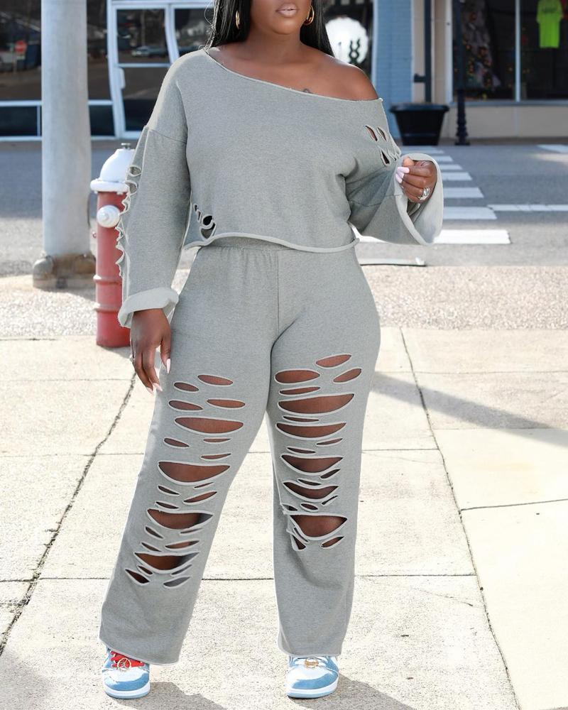

Skew Neck Top & Ladder Cutout Pants Set, Gray