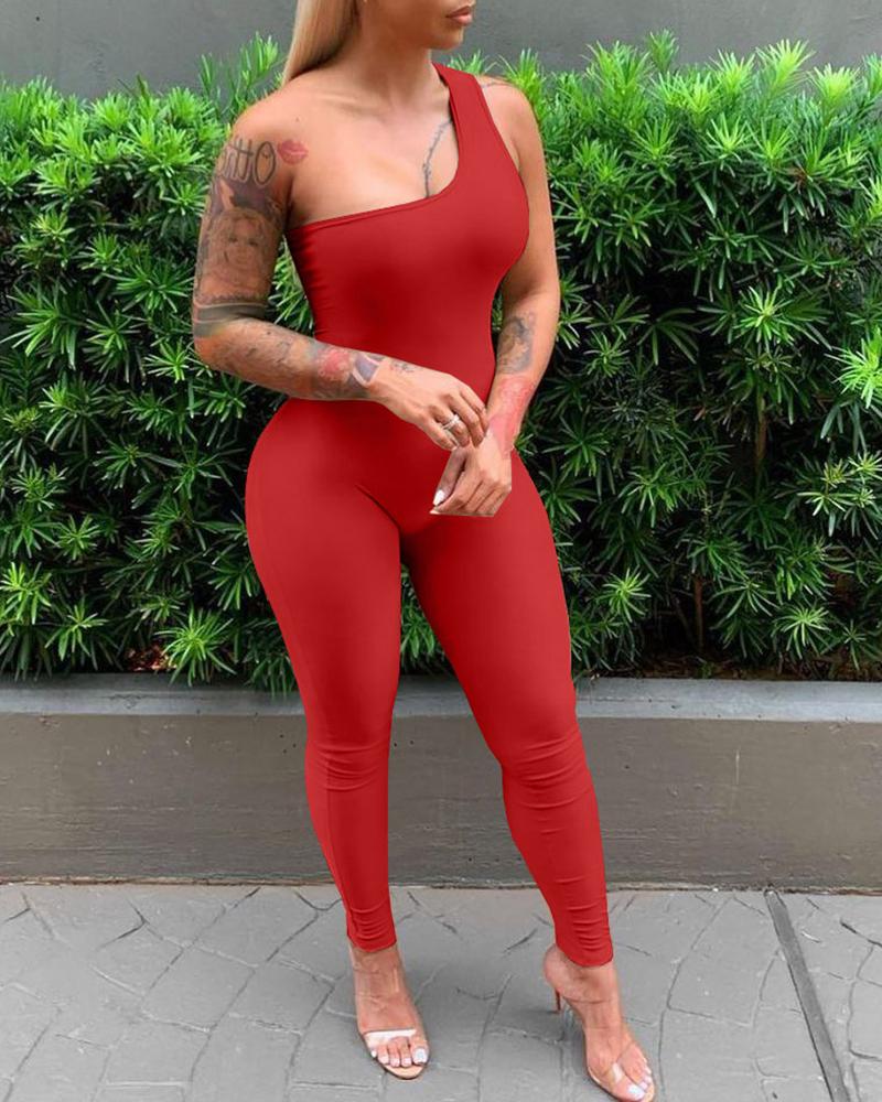 

One Shoulder Sleeveless Plain Skinny Jumpsuit, Red