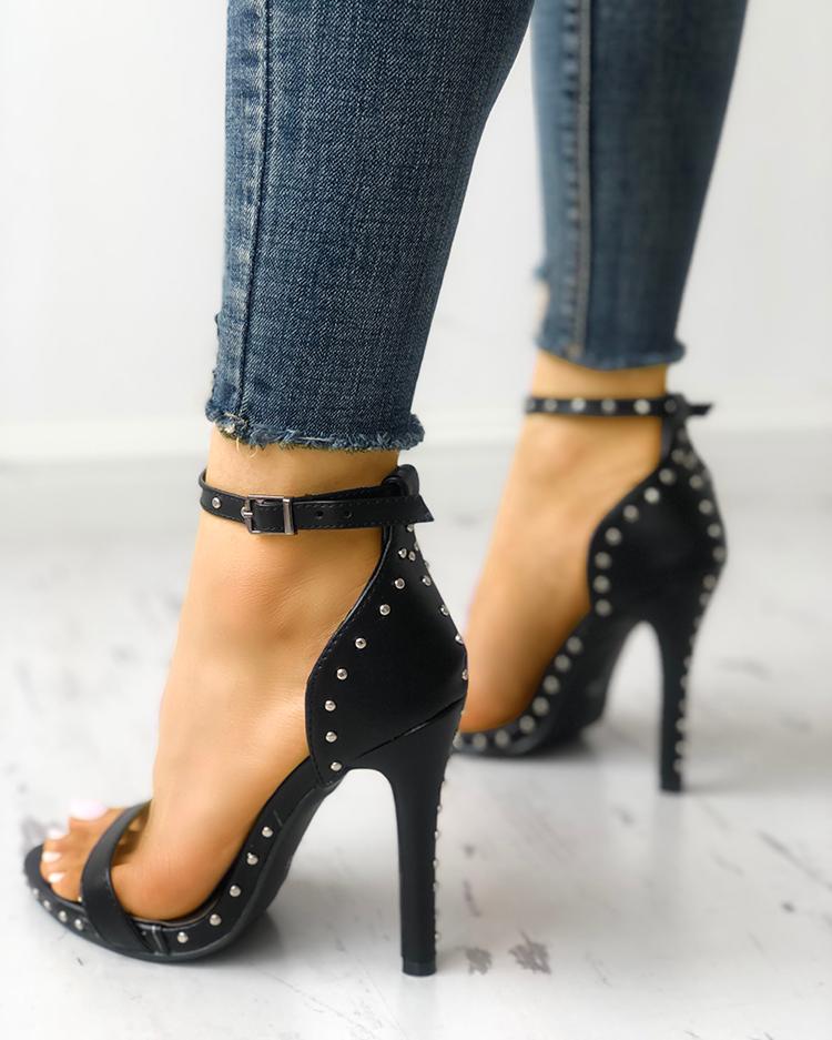 

Solid Rivet Embellished Two Part Thin Heeled Sandals, Black