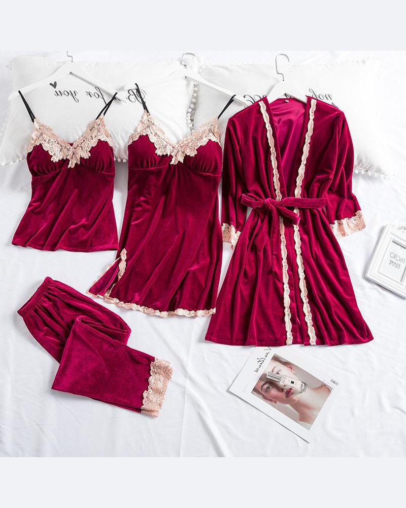 

Velvet Lace Trim Cami Set & Robe, Red