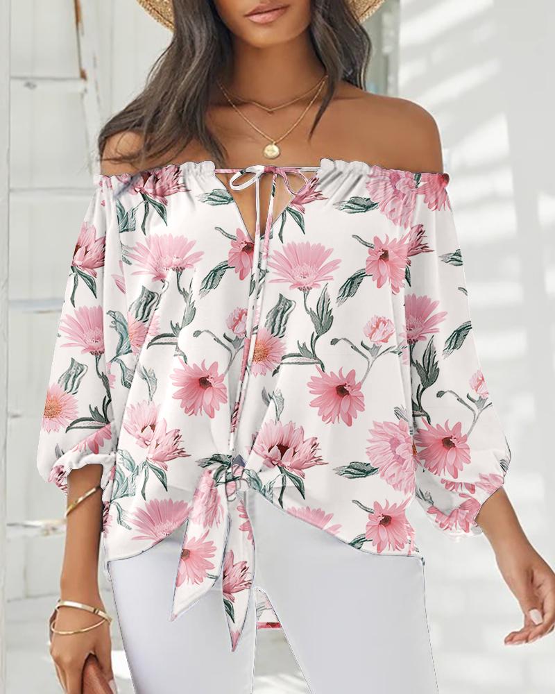 

Off Shoulder Floral Print Drawstring Blouse, Pink