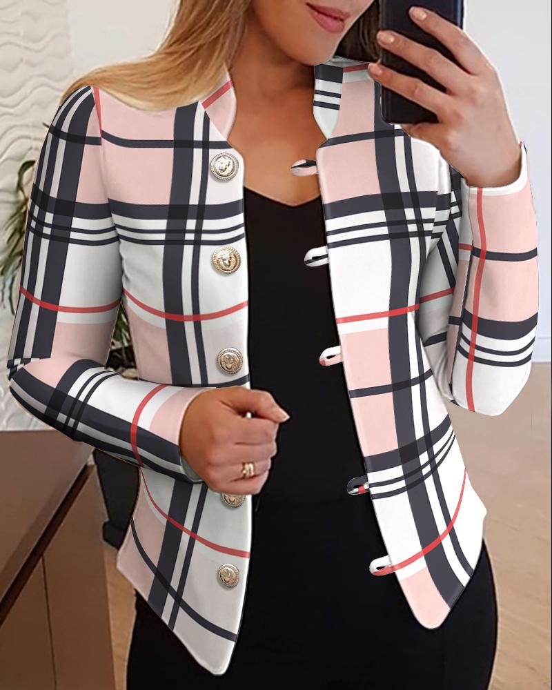 

Plaid Print Button Decor Long Sleeve Blazer Coat, Pink