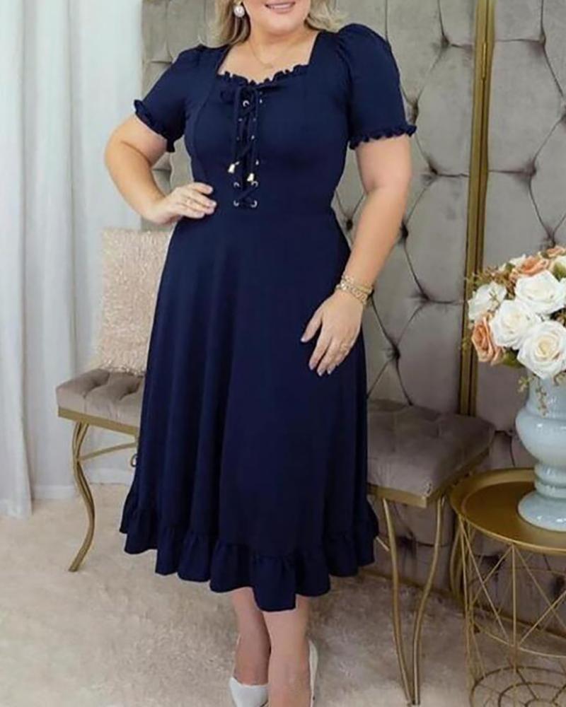 

Plus Size Eyelet Lace-up Bell Sleeve Ruffles Casual Dress, Dark blue