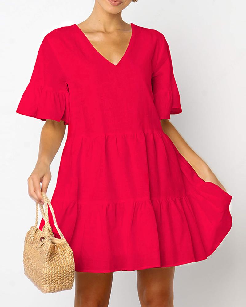 

Ruffles Short Sleeve V-Neck Casual Dress, Red