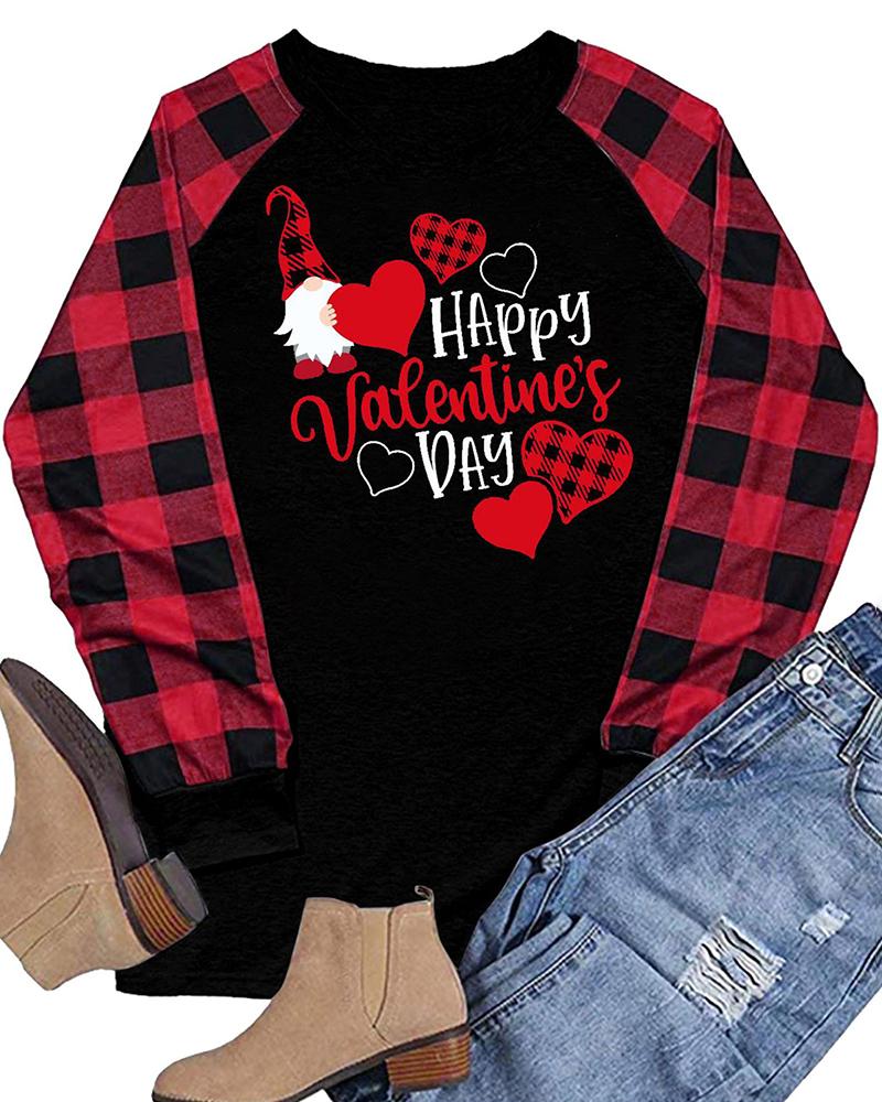

Valentine' Day O-Neck Plaid Letter Heart Print Colorblock Top, Red