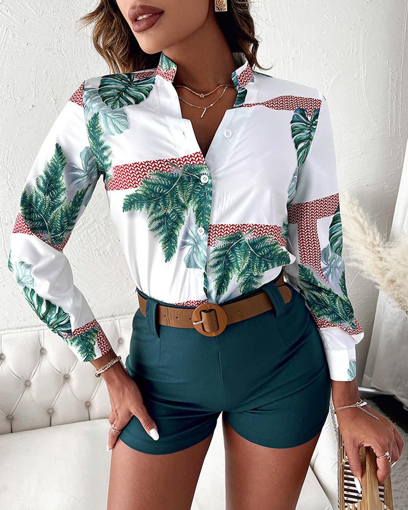 

Plants Print Button Down Shirt & Shorts Set, Green