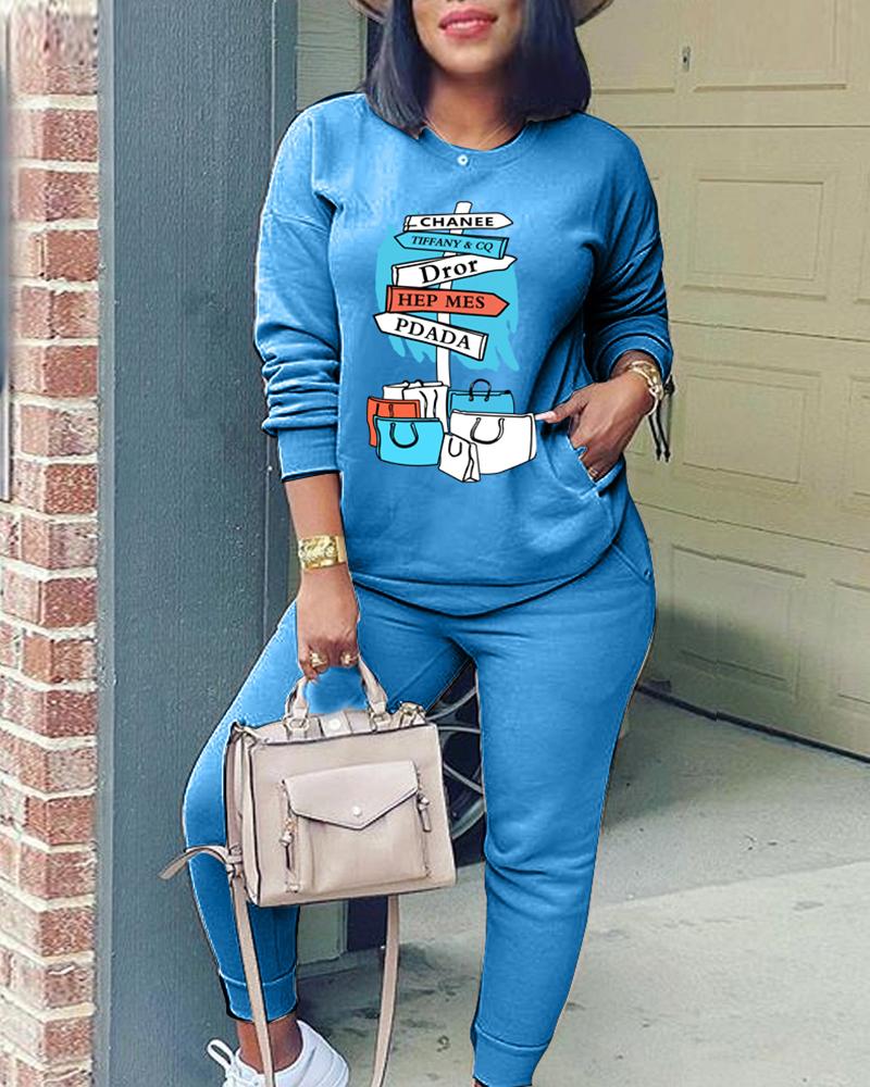 

Graphic Letter Print Pocket Design Top & Pants Set, Blue