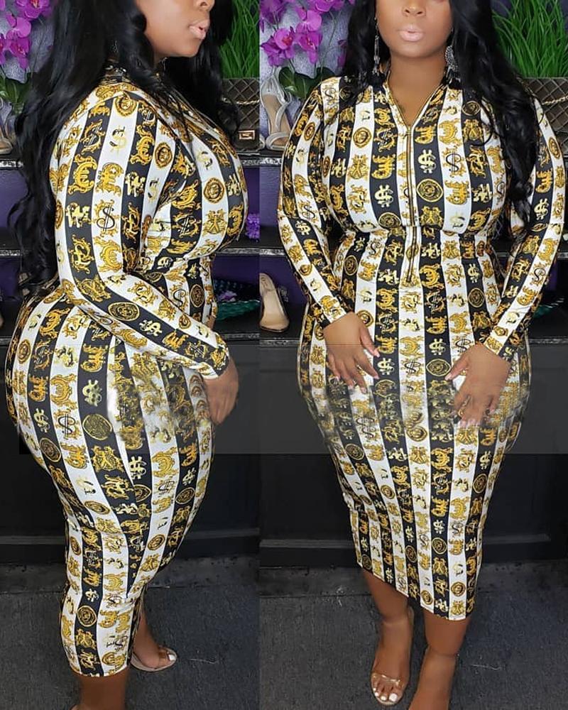 

Plus Size Baroque Print Long Sleeve Bodycon Dress, Yellow