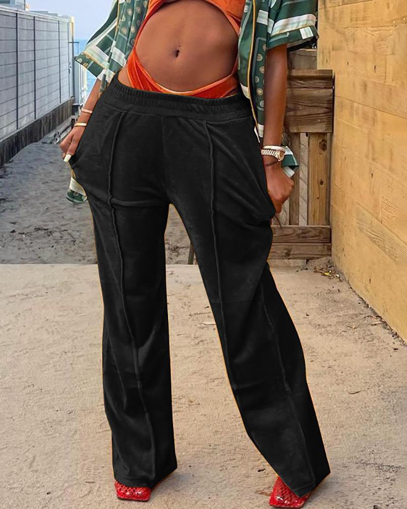

Velvet Pocket Design High Waist Sweatpants, Black